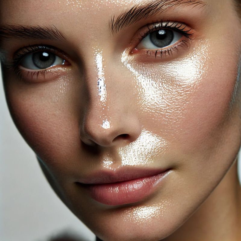 Mujer con piel grasa y brillo natural en frente y nariz